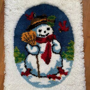 Vintage Snowman Latch Hook Rug Wall Hanging Cardinals Birds 26x33